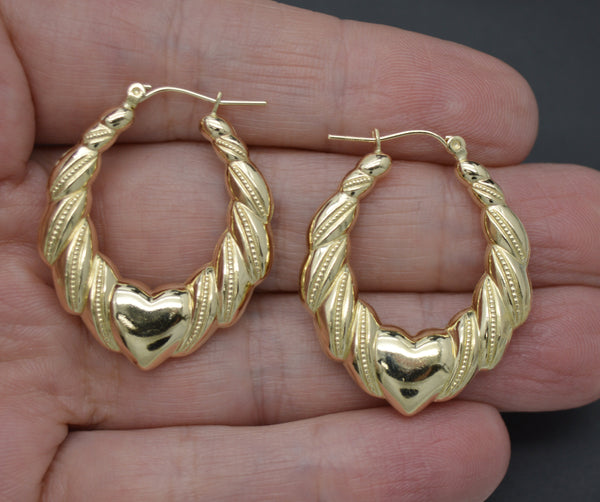 Real 10K Yellow Solid Gold Shiny 35.4mm Shrimp Heart Hoop Earrings 4.0 grams