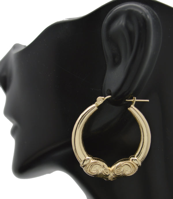 Real 10K Yellow Solid Gold 31.3mm Shiny Double Rams Head Hoop Earrings 3.1 grams