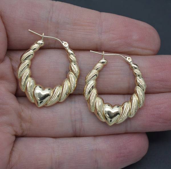 Real 10K Yellow Solid Gold 28.8mm Shrimp Heart Shiny Hoop Earrings 2.9 grams