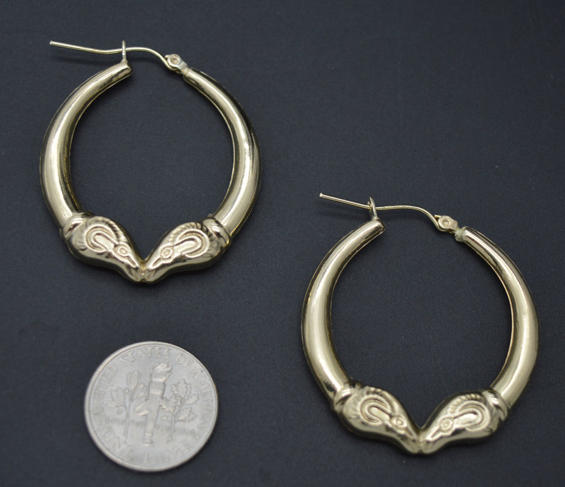 Real 10K Yellow Solid Gold 35.1mm Hollow Shiny Rams Head Hoop Earrings 3.6 grams