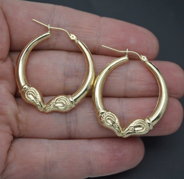 Real 10K Yellow Solid Gold 35.1mm Hollow Shiny Rams Head Hoop Earrings 3.6 grams