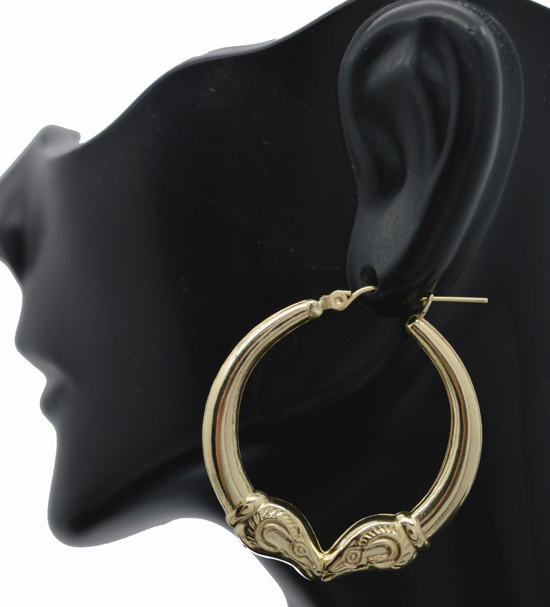 Real 10K Yellow Solid Gold 35.1mm Hollow Shiny Rams Head Hoop Earrings 3.6 grams