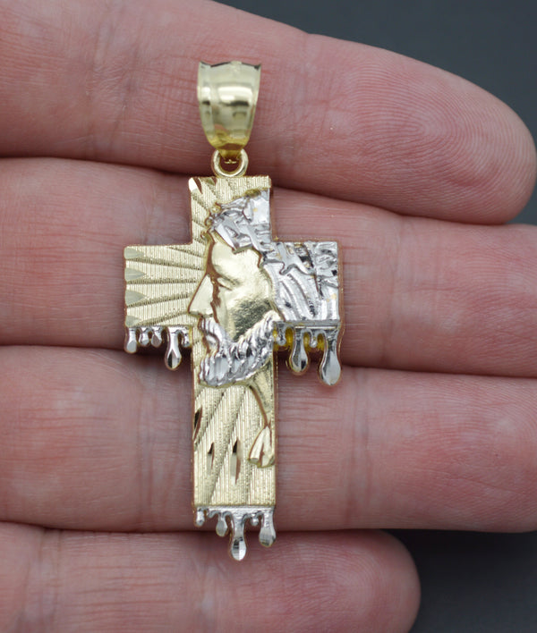 Real 10K Solid Yellow-White Gold 3D Textured Jesus Head Cross Pendant 3.2gr