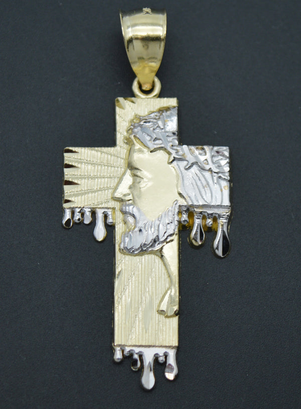 Real 10K Solid Yellow-White Gold 3D Textured Jesus Head Cross Pendant 3.2gr