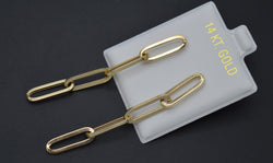 Real 14K Yellow Solid Gold Shiny Long Paperclip Inspired Drop Dangle Earrings