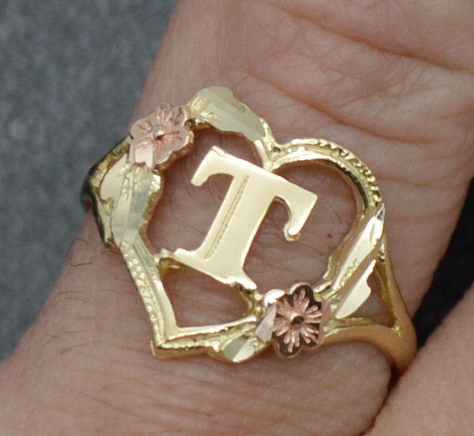 Real 10K Solid Yellow Gold Heart Initial Letter Women Ring 1.7gr A-Z Sizes 4-11