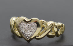 Real 10K Solid Yellow Gold Shiny Textured Hearts & Kisses CZ Ring 2.5g All Sizes