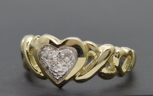 Real 10K Solid Yellow Gold Shiny Textured Hearts & Kisses CZ Ring 2.5g All Sizes