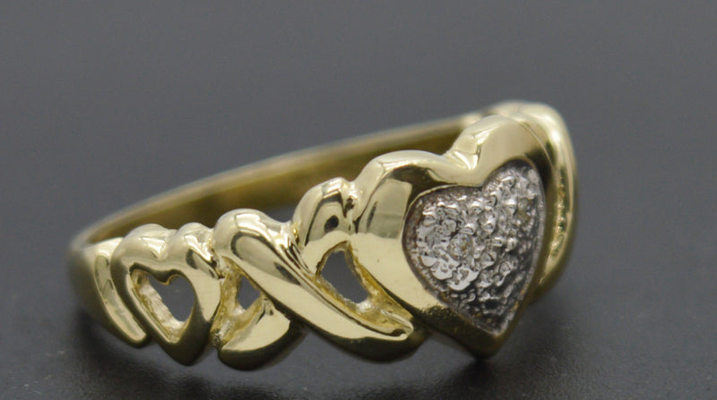 Real 10K Solid Yellow Gold Shiny Textured Hearts & Kisses CZ Ring 2.5g All Sizes