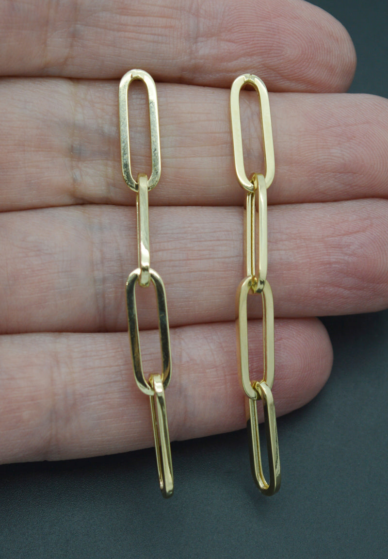 Real 14K Yellow Solid Gold Shiny Long Paperclip Inspired Drop Dangle Earrings