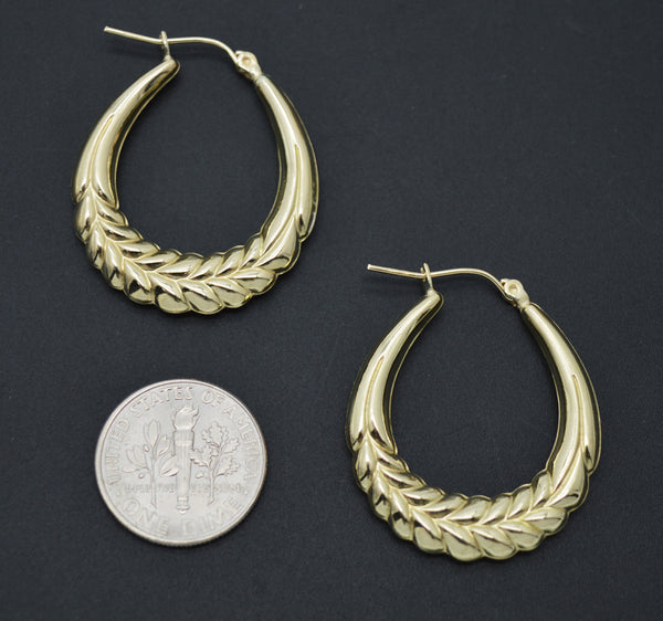 Real 10K Yellow Solid Gold Shiny 30.8mm Shrimp Leaf Hoop Earrings 3.0 grams