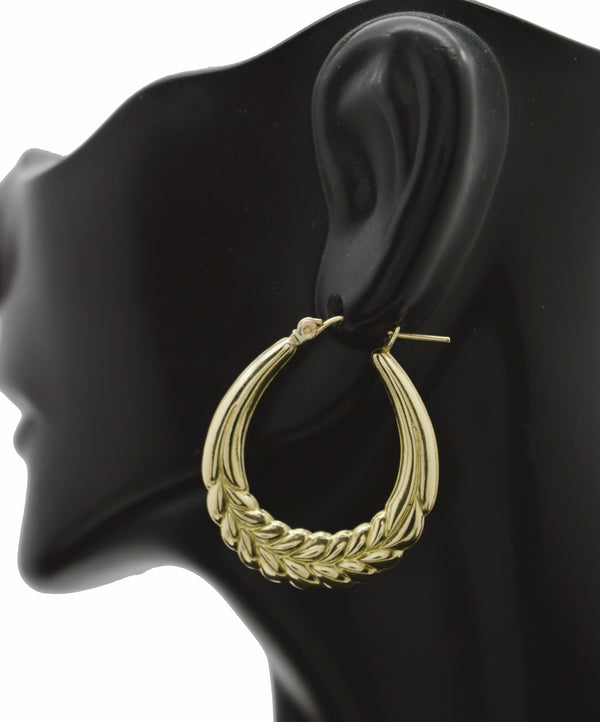 Real 10K Yellow Solid Gold Shiny 30.8mm Shrimp Leaf Hoop Earrings 3.0 grams