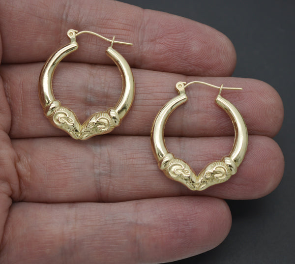 Real 10K Yellow Solid Gold 28.1mm Shiny Hollow Rams Head Hoop Earrings 2.2 grams