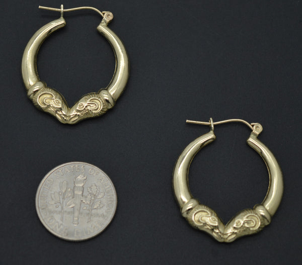 Real 10K Yellow Solid Gold 28.1mm Shiny Hollow Rams Head Hoop Earrings 2.2 grams