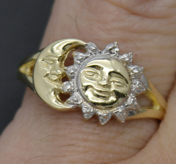 Real 10K Two-tone Gold Shiny Diamond Cut Moon & Sun Face Ring 2.1gr All Sizes