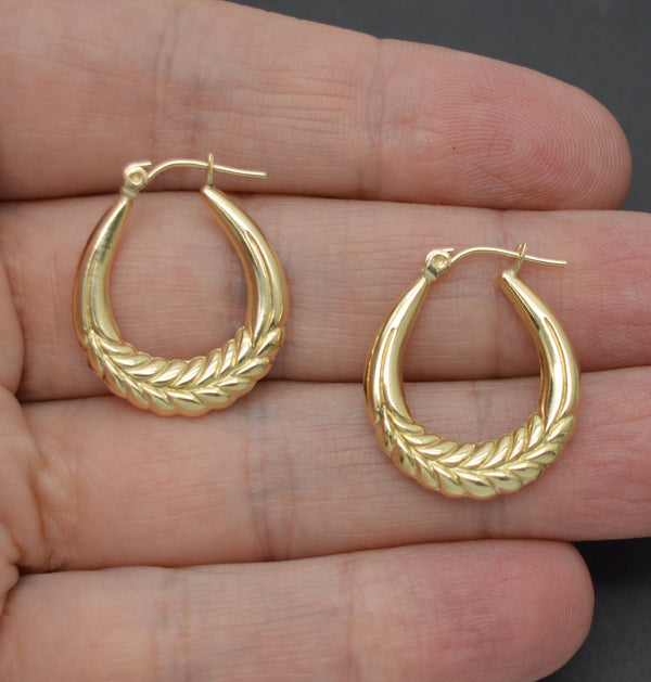 Real 10K Yellow Solid Gold 24.1mm Shrimp Leaf Shiny Hoop Earrings 1.8 grams