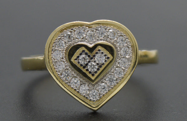 Real 10K Solid Yellow Gold Shiny Double Heart Textured CZ Ring 2.7gr All Sizes