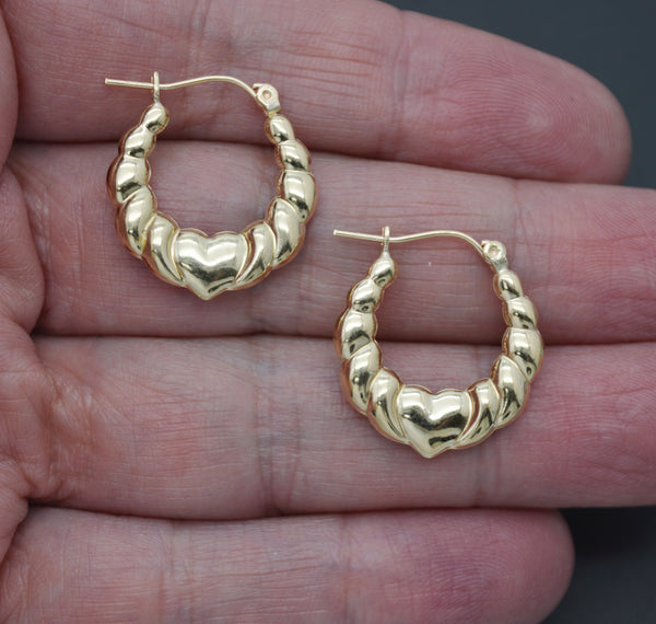 Real 10K Yellow Solid Gold 22.2mm Shrimp Heart Shiny Hoop Earrings 1.8 grams