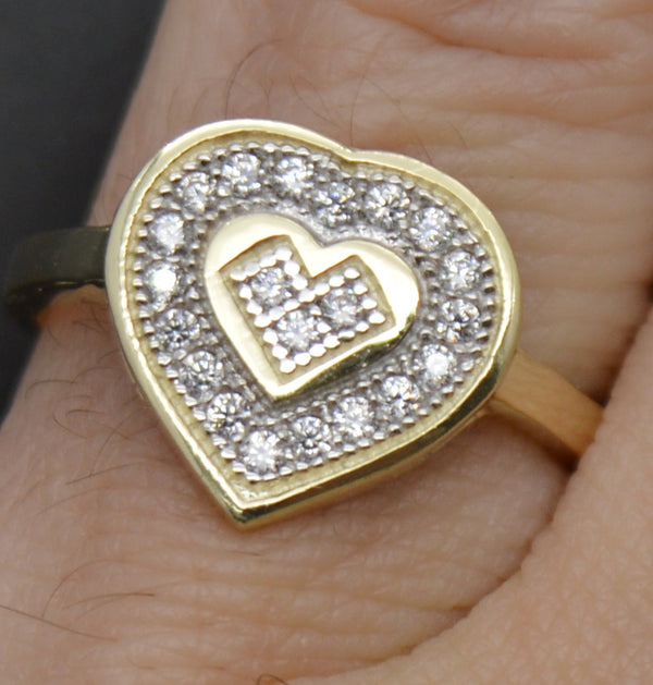 Real 10K Solid Yellow Gold Shiny Double Heart Textured CZ Ring 2.7gr All Sizes