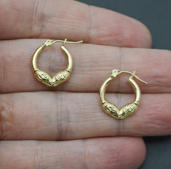 Real 10K Yellow Solid Gold 18.4mm Hollow Shiny Rams Head Hoop Earrings 1.0 grams