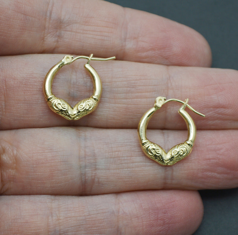 Real 10K Yellow Solid Gold 18.4mm Hollow Shiny Rams Head Hoop Earrings 1.0 grams