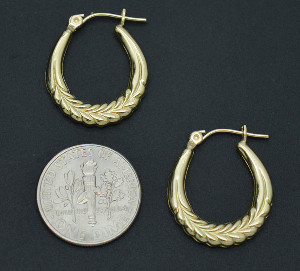 Real 10K Yellow Solid Gold 20.3mm Shiny Leaf Shrimp Hoop Earrings 1.5 grams