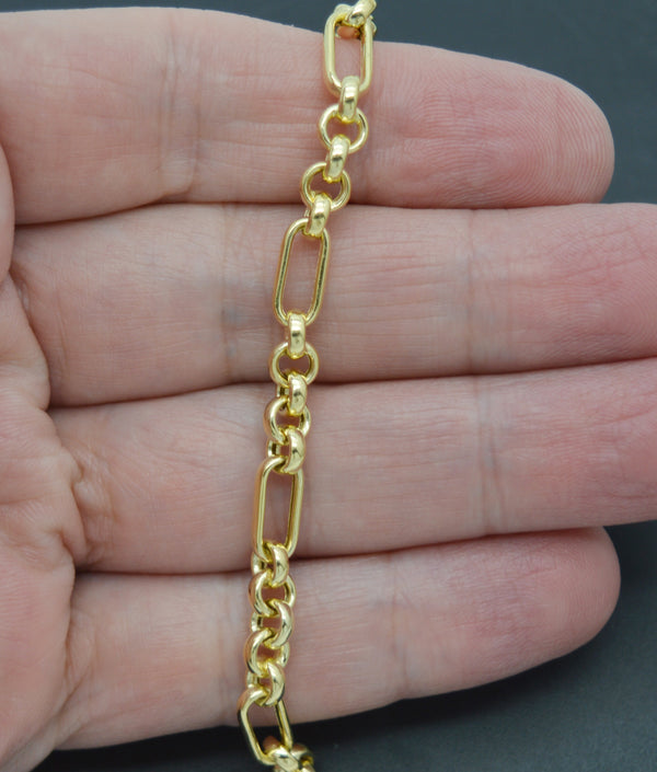 Real 14K Solid Yellow Gold Shiny 7.5" Rolo & Paperclip 5mm Charm Bracelet 3.9gr