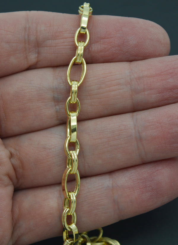 Real 14K Solid Yellow Gold 7.5" Shiny Oval With Rolo Chain 6mm Bracelet 5.2gr