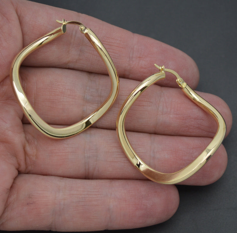 Real 14K Solid Yellow Gold 40.2mm Twisted Square Cut Shape Hoop Earrings 3.4gr