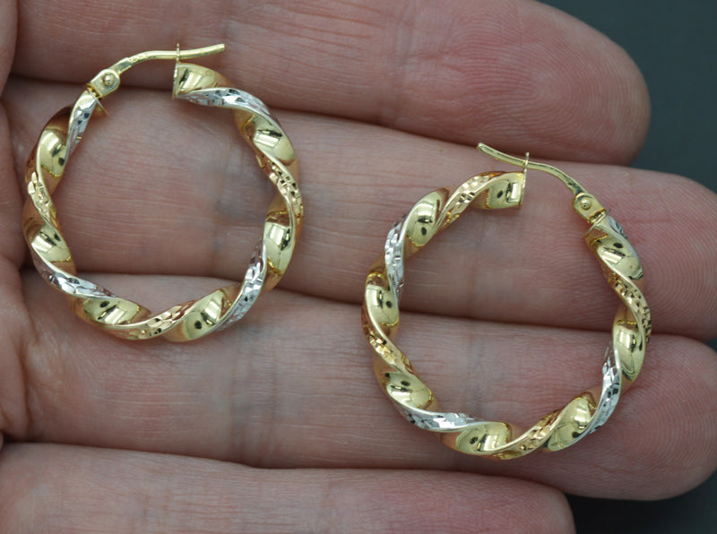 Real 14K Tri-color Solid Gold 27.2mm Round Twist Cut Hoop Earrings 3.7 grams