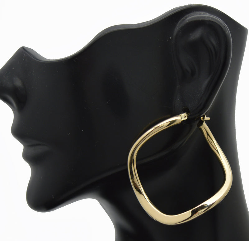 Real 14K Solid Yellow Gold 40.2mm Twisted Square Cut Shape Hoop Earrings 3.4gr