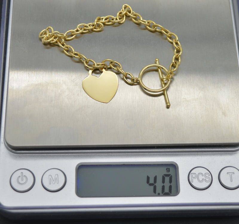 Real 14K Solid Yellow Gold 7.6" Heart Toggle Tag Oval Chain Charm Bracelet 4.0gr