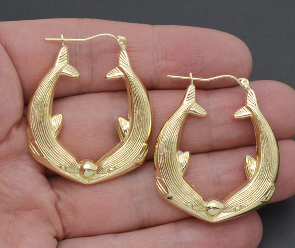 Real 10K Solid Yellow Gold Shiny Kissing Dolphin Love Hoop Earrings 4.3 grams.jpg