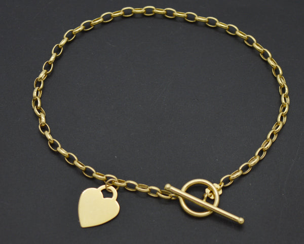 Real 14K Solid Yellow Gold Shiny 7.6" Toggle Tag Heart Oval Chain Bracelet 2.0gr