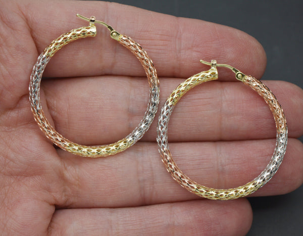 Real 14K Tri-color Solid Gold 35.4mm Round Diamond Cut Hoop Earrings 3.1 grams