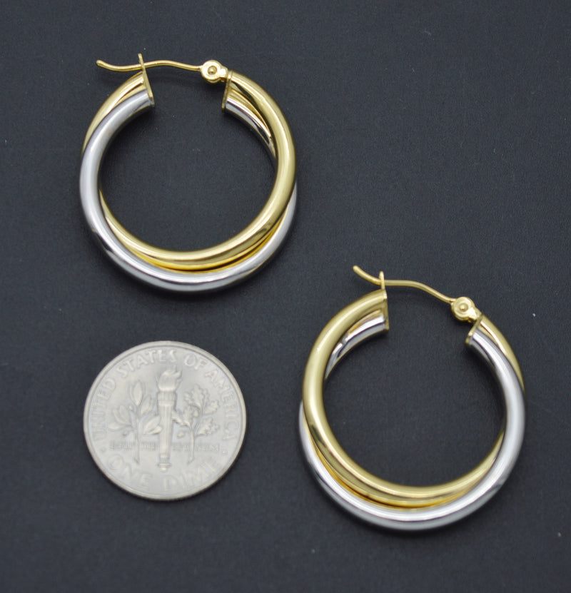 Real 14K Two-tone Solid Gold 27.4mm Shiny Duel Circle Hoop Earrings 3.0 grams