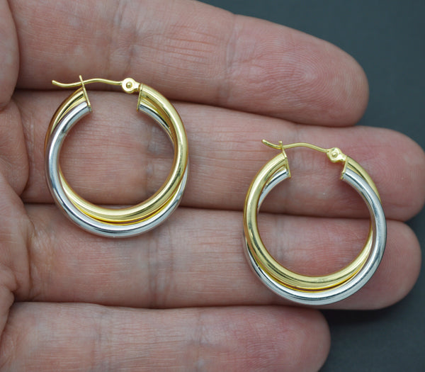 Real 14K Two-tone Solid Gold 27.4mm Shiny Duel Circle Hoop Earrings 3.0 grams