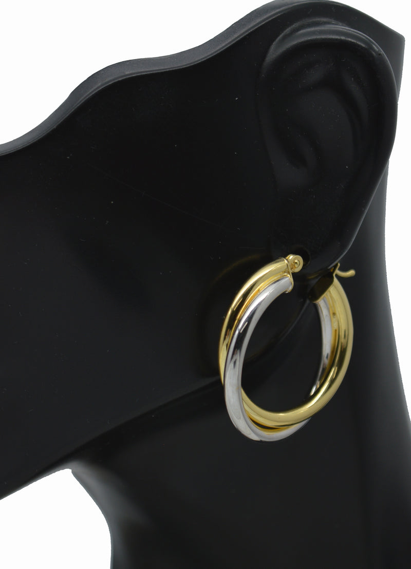 Real 14K Two-tone Solid Gold 27.4mm Shiny Duel Circle Hoop Earrings 3.0 grams