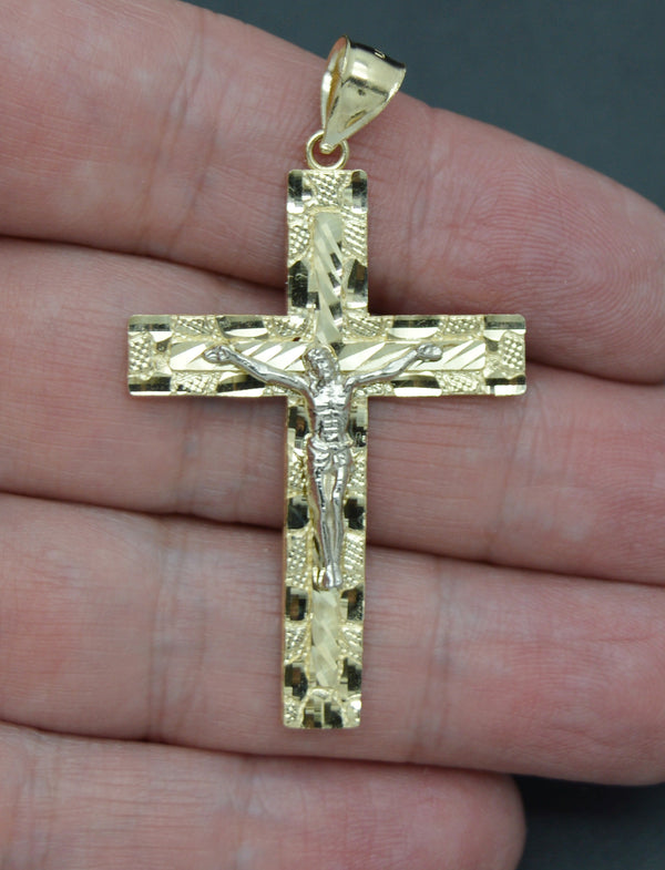 Real 10K Solid Yellow Gold Shiny Diamond Cut Jesus Crucifix Cross Pendant 4.7gr