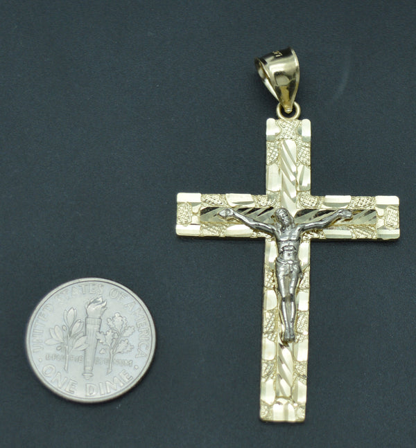 Real 10K Solid Yellow Gold Shiny Diamond Cut Jesus Crucifix Cross Pendant 4.7gr