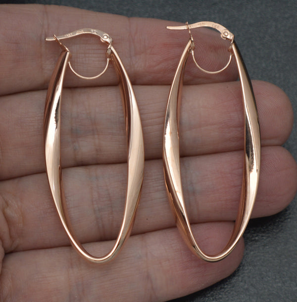 Real 14K Solid Rose Gold Shiny Twisted Oval Hinged Charm Hoop Earrings 2.5gr.jpg