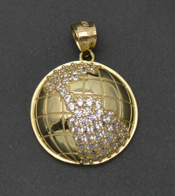 Real 10K Solid Yellow Gold Shiny CZ Round Cut World Map Textured Pendant 3.4gr