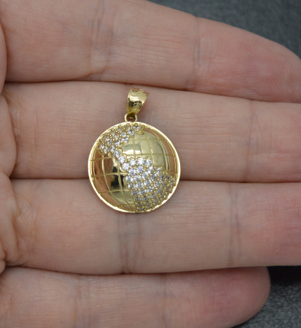 Real 10K Solid Yellow Gold Shiny CZ Round Cut World Map Textured Pendant 3.4gr