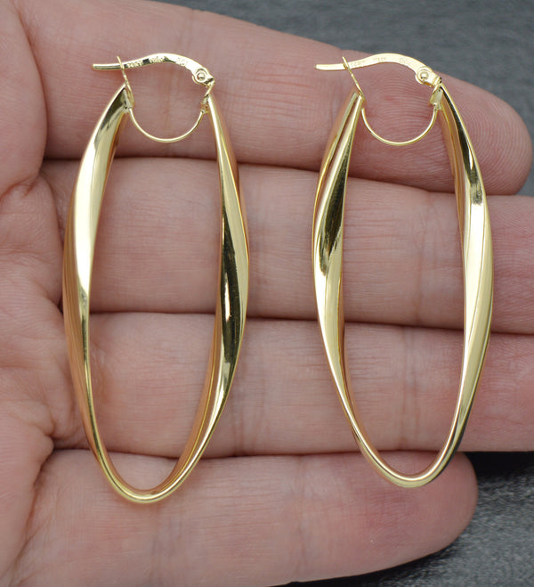 Real 14K Solid Yellow Gold Shiny 55.8mm Twisted Oval Hinged Hoop Earrings 2.4gr