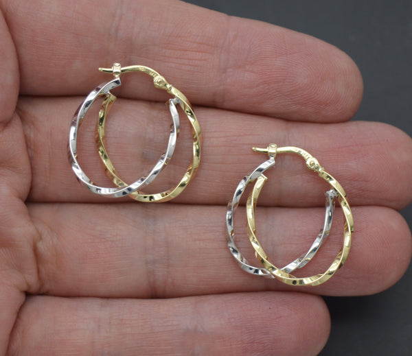 Real 14K Two-tone Solid Gold 24.6mm Shiny Twist Duel Oval Hoop Earrings 1.7grams