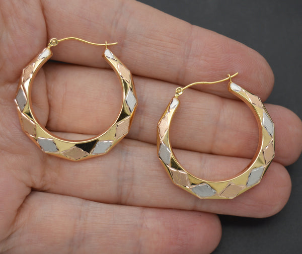 Real 14K Tri-color Solid Gold 33.0mm Shiny Diamond Cut Hoop Earrings 3.2 grams