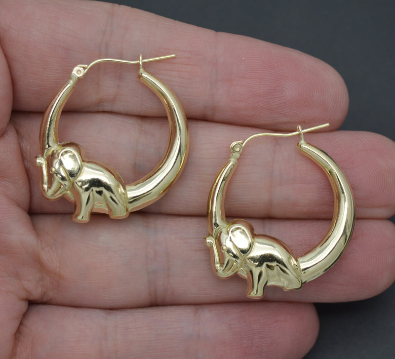 Real 10K Solid Yellow Gold Shiny 30mm Cute Elephant Shape Hoop Earrings 3.4gr