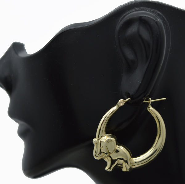 Real 10K Solid Yellow Gold Shiny 30mm Cute Elephant Shape Hoop Earrings 3.4gr