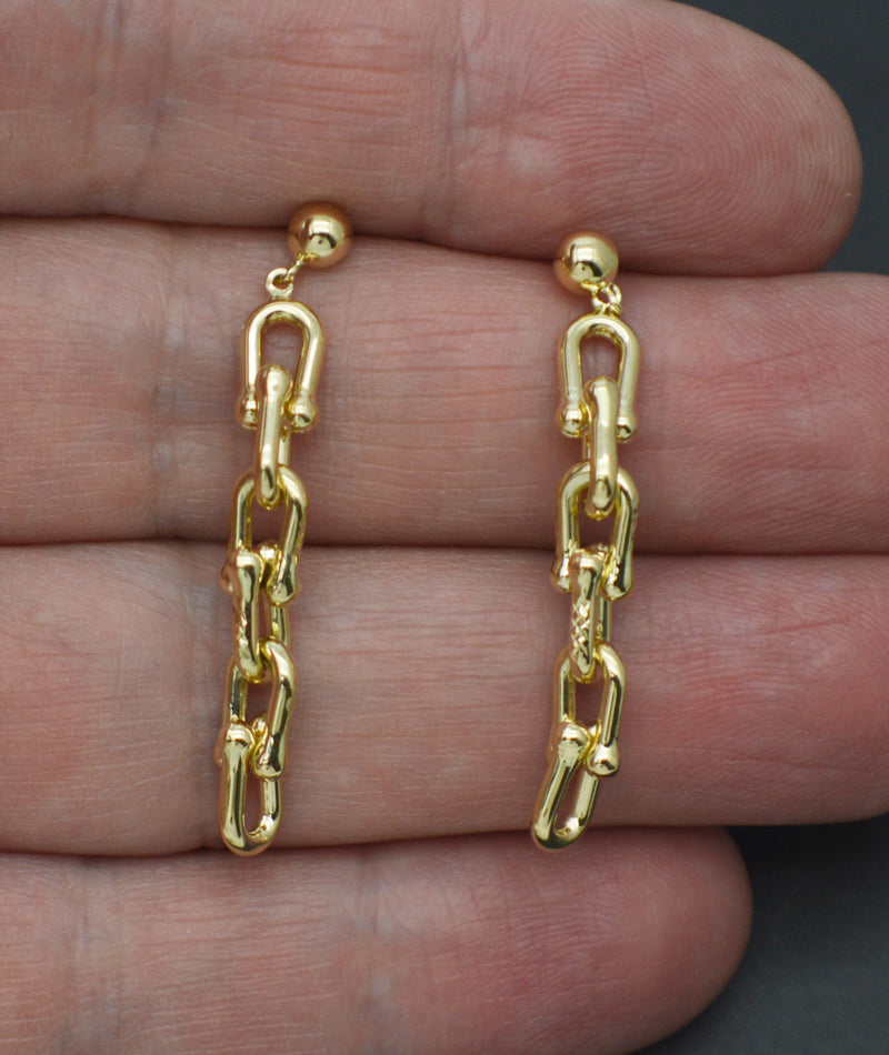 Real 14K Solid Yellow Gold Shiny Hardware Chain Link Drop Dangle Earrings 3.0gr.jpg