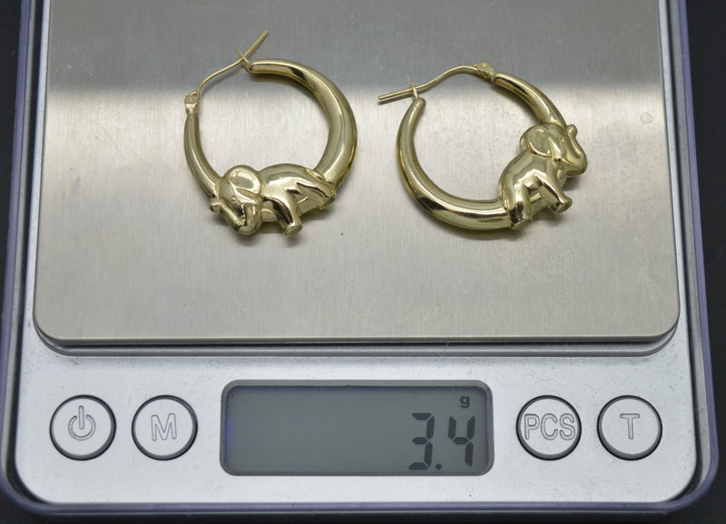 Real 10K Solid Yellow Gold Shiny 30mm Cute Elephant Shape Hoop Earrings 3.4gr